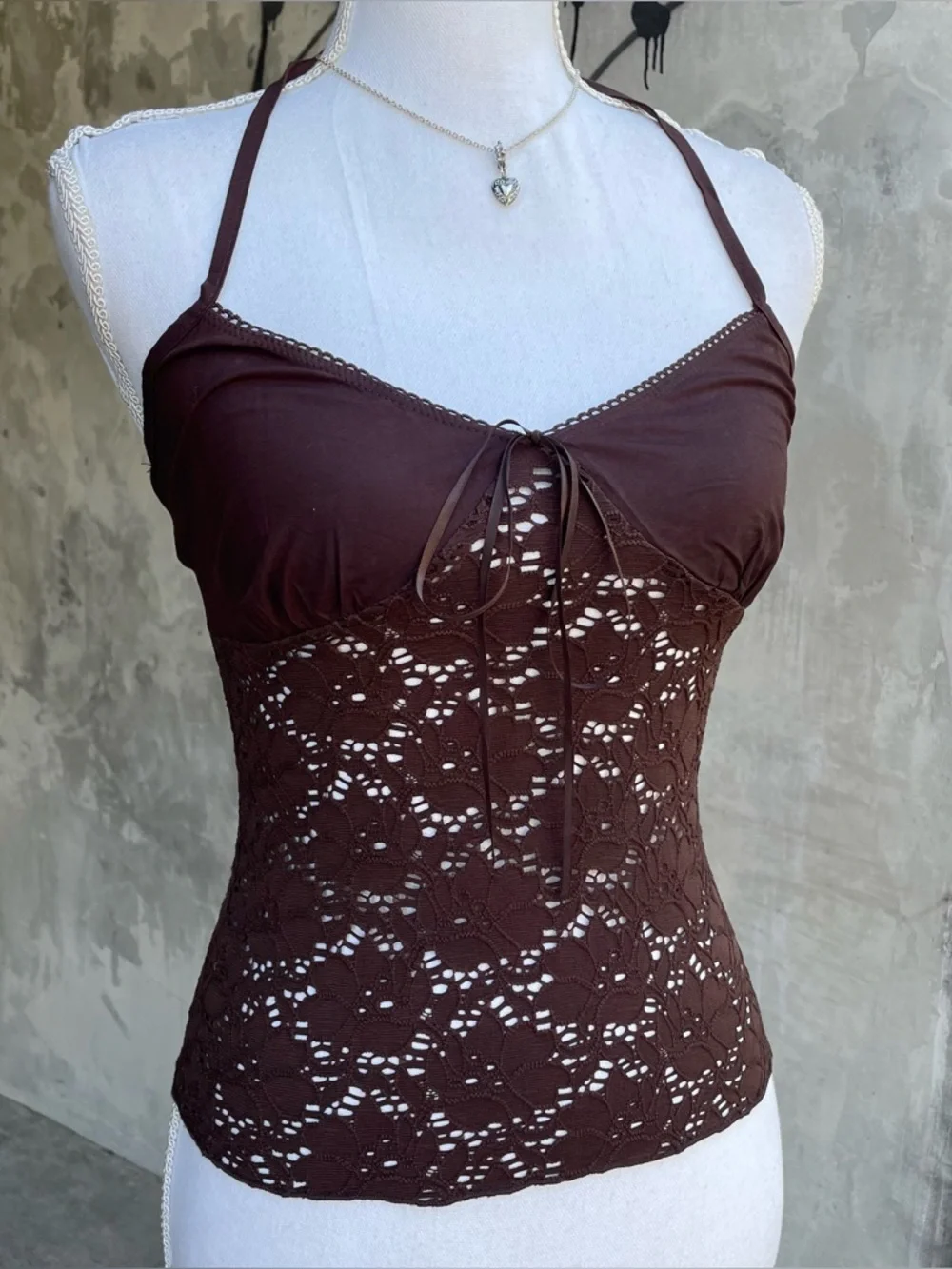 Vintage y2k Brown Floral Lace Sheer Halter Top